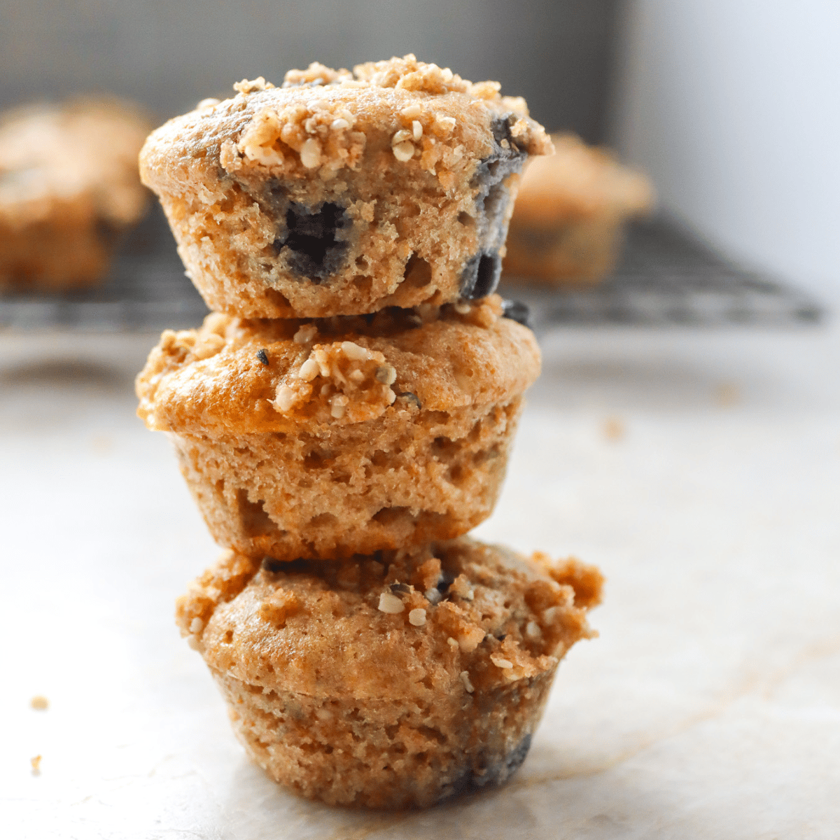 Three Mini Blueberry Muffins Stacked on Tabletop