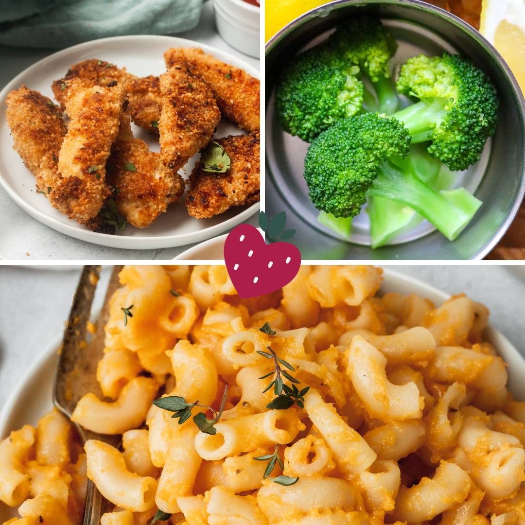 Checken tenders, broccoli and mac and cheese dishes.