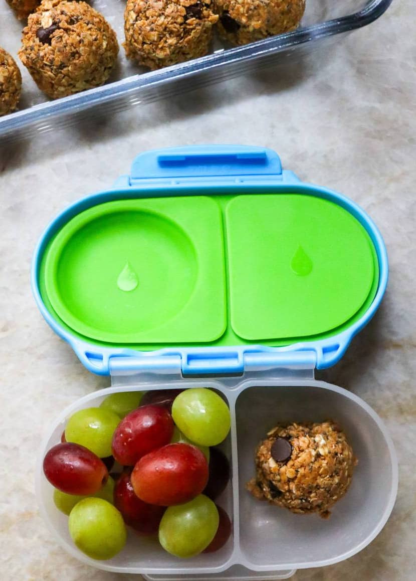 No Bake Oatmeal Ball and Grapes in Snack Container