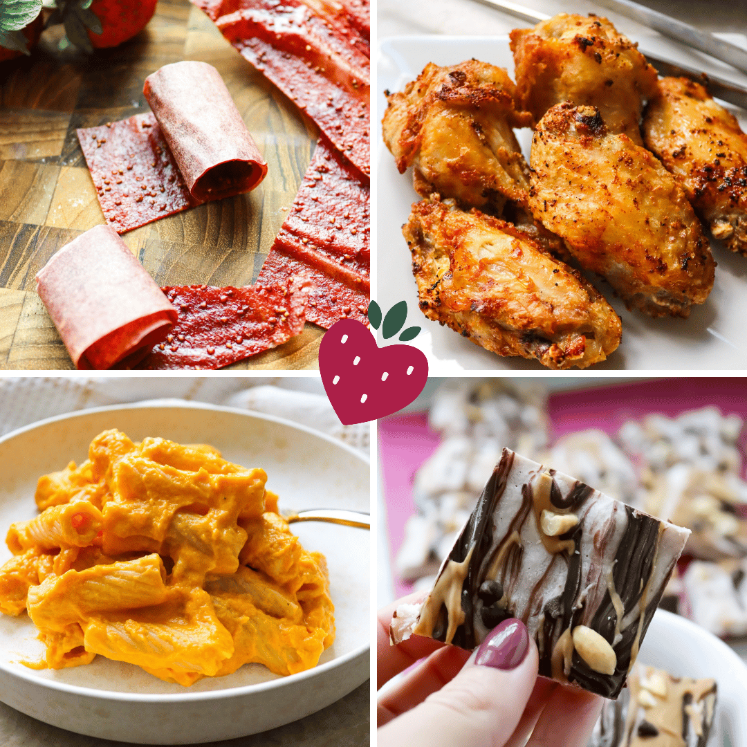 Collage of Four Recipes - Butternut Squash Pasta, Frozen Yogurt Bark, Chicken Wings, and Fruit Strips