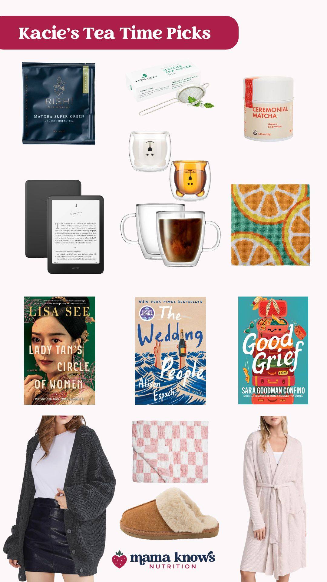 Collage of Tea Time Picks With Tea, Slippers, Kindle, Mugs and More
