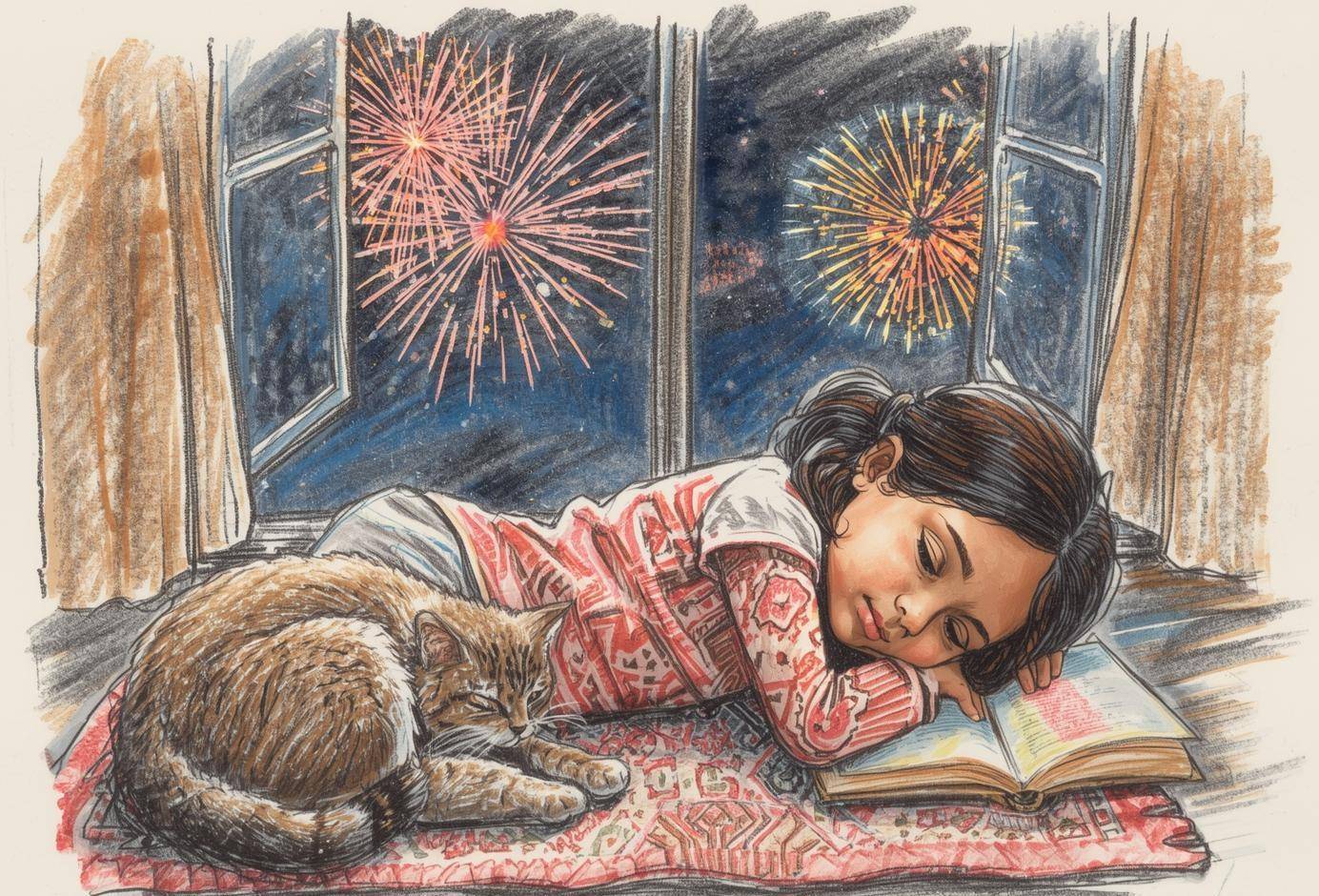 a sketch of a girl and a cat