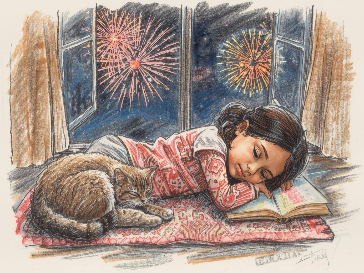 girl with a cat on a fireworks night