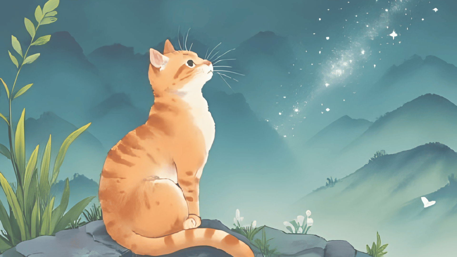 a ginger cat watching the stars