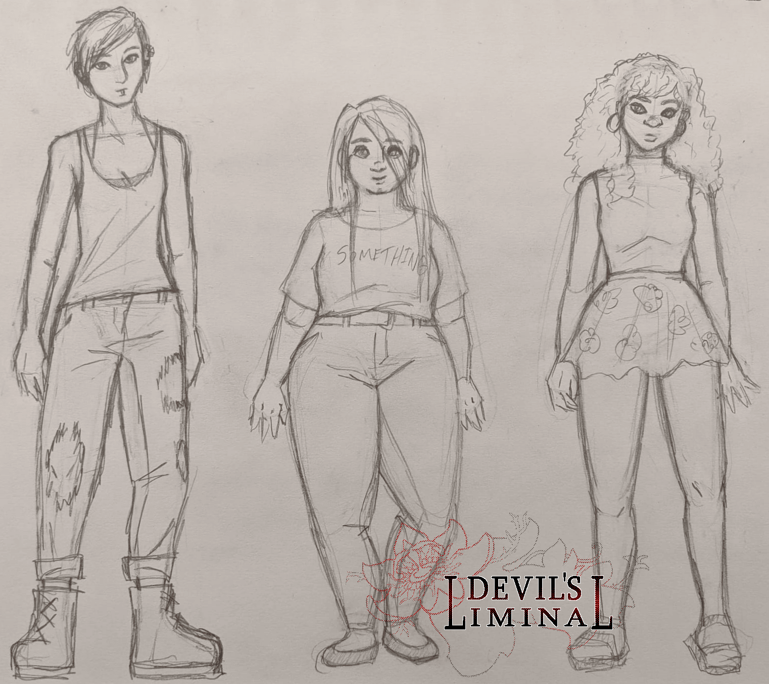 Drawing from July 2020 of old character designs for Bec, Margo, and Clara.