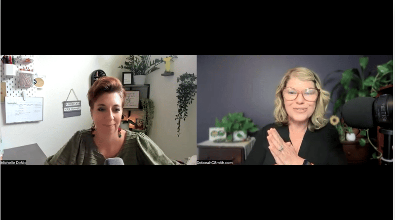 Deborah C. Smith, holistic business coach and Michelle DeNio, business strategist, chatting on the Mindset to Market podcast.