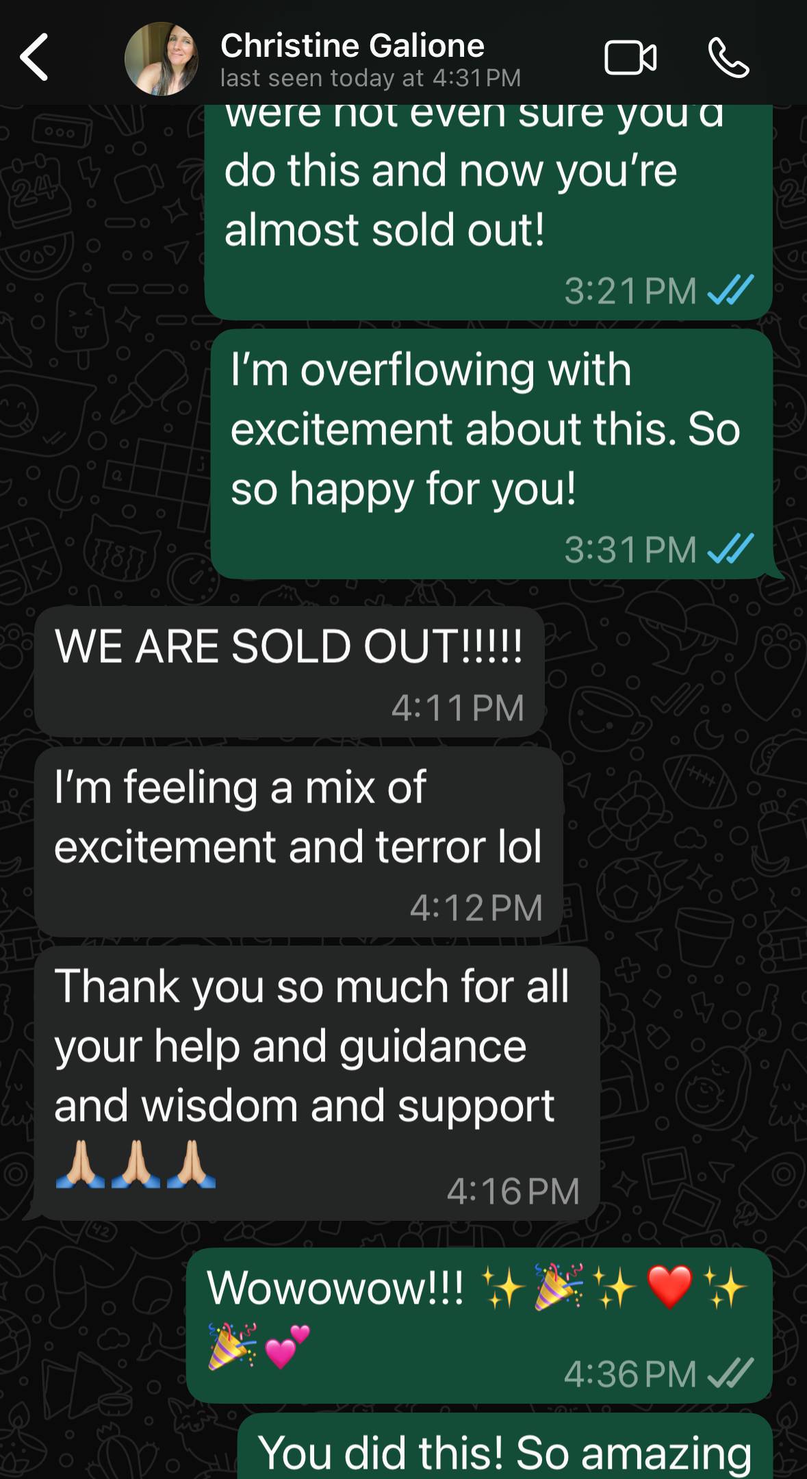 A screen-shot of my client Christine texting. me that she sold out her upcoming retreat