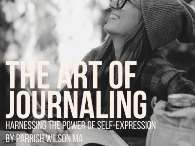 A woman looks up from writing in her journal, laughing. Across the image are the words: The Art of Journaling: Harnessing the Power of Self-Expression