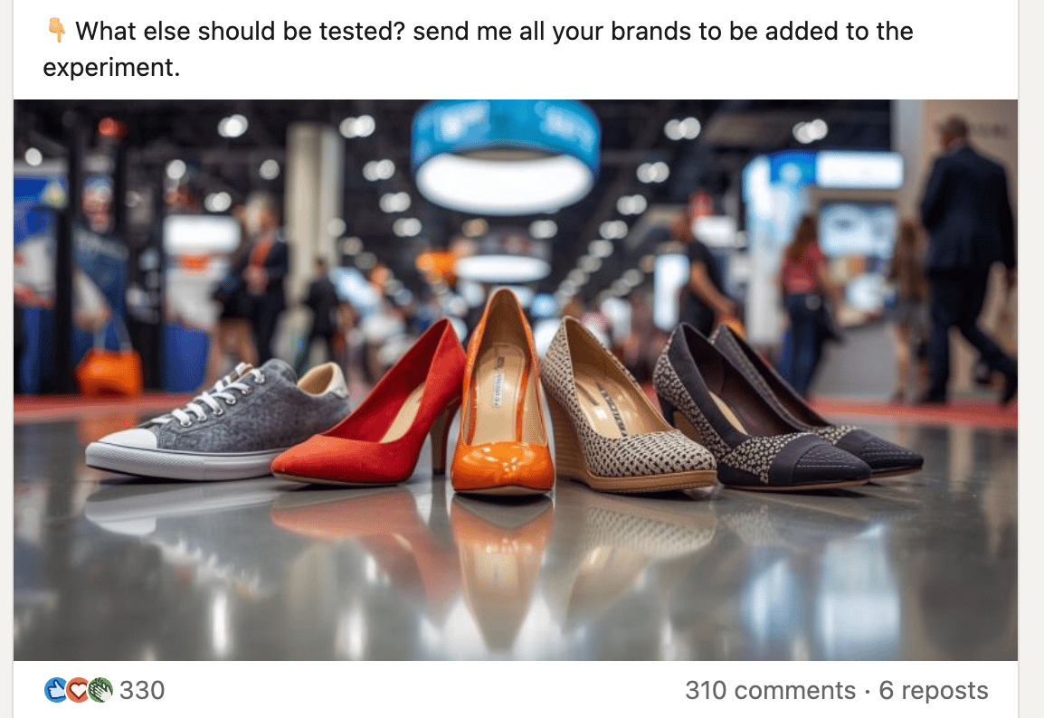 Screenshot of LinkedIn post asking "What shoes do you wear for events?" with hundreds of comments and reactions