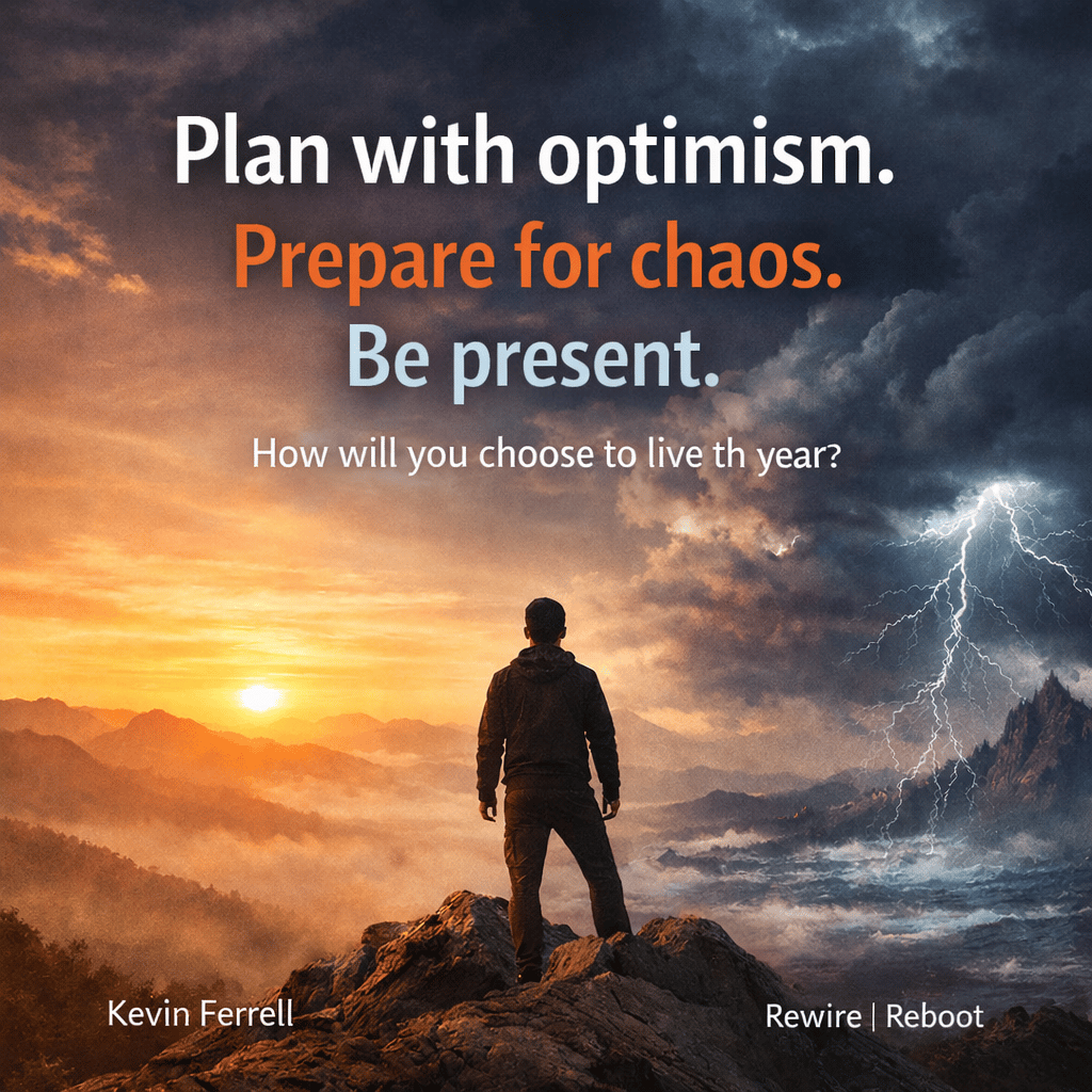 A silhouetted person stands on a rocky peak between a calm sunrise landscape and a dark storm with lightning. Overlaid text reads, “Plan with optimism. Prepare for chaos. Be present.” Below it: “How will you choose to live this year?” Small attribution te