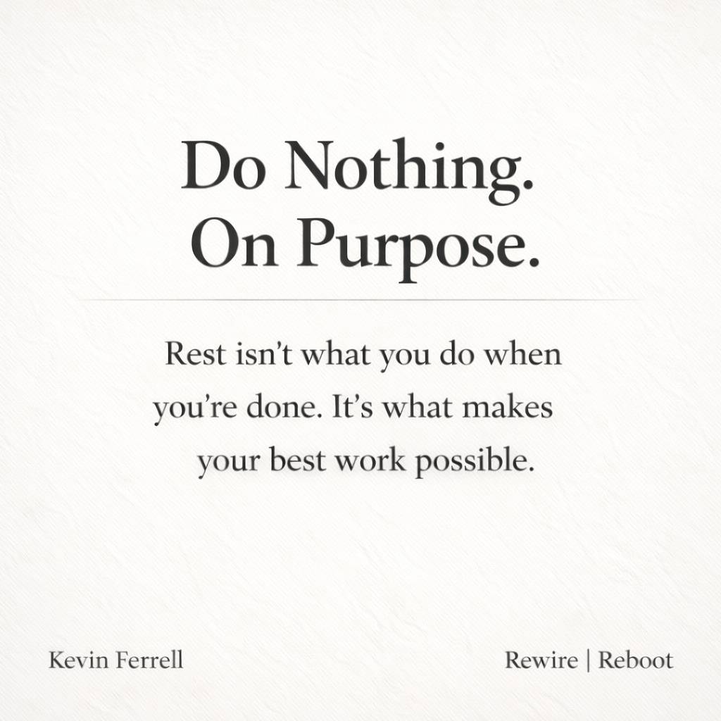 Minimalist quote graphic on a light, textured off-white background. Centered headline reads “Do Nothing. On Purpose.” Below a thin horizontal line is the subtext: “Rest isn’t what you do when you’re done. It’s what makes your best work possible.” Small at