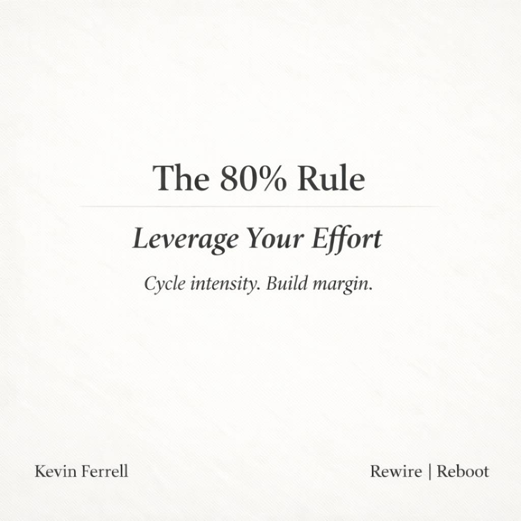 Minimalist off-white textured background with centered serif text reading “The 80% Rule,” followed by “Leverage Your Effort” and “Cycle intensity. Build margin.” Attribution text “Kevin Ferrell” appears in the bottom left, and “Rewire | Reboot” appears in
