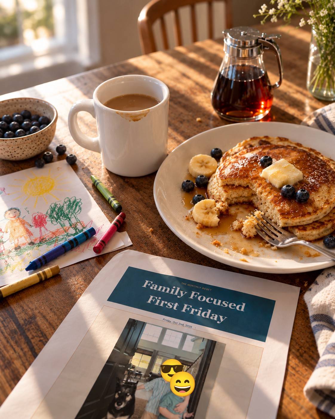 A family breakfast table with coffee, pancakes, a child's crayon drawing and the printed monthly ritual
