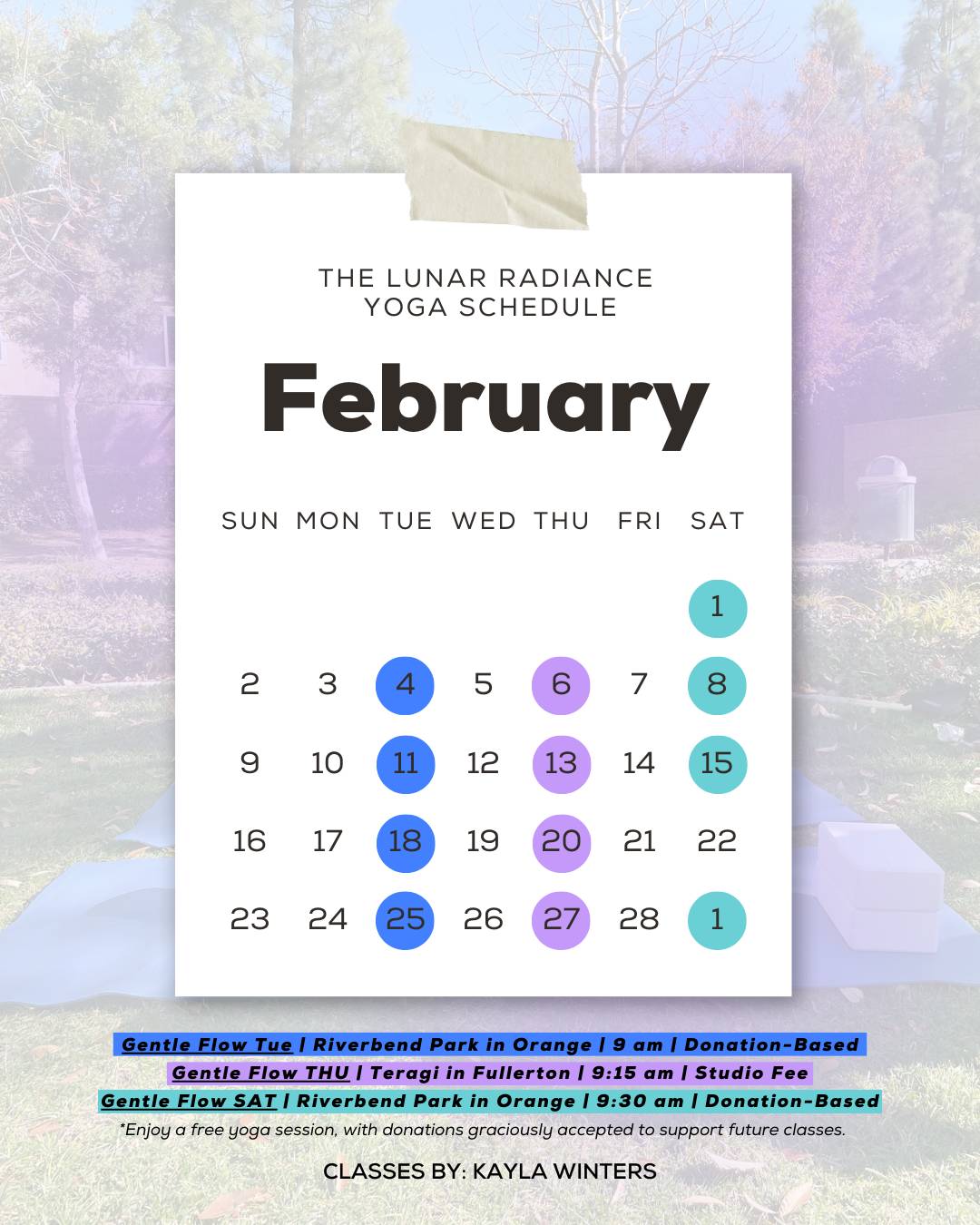 February 2025 Yoga Calendar with dates highlighted