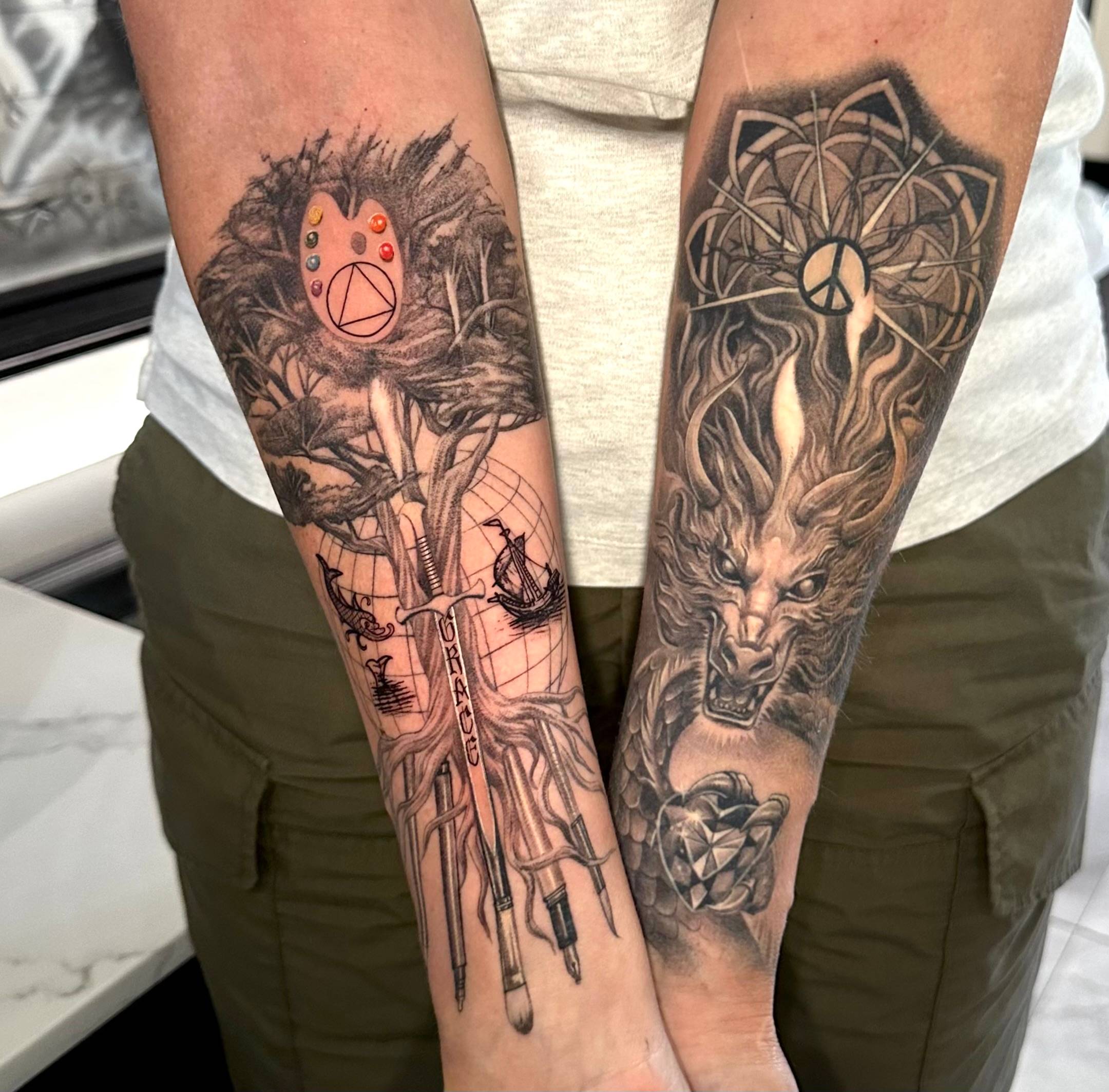 A tale of two tattoos, inked by Dedicated Arte, for the artist Maggie Parr