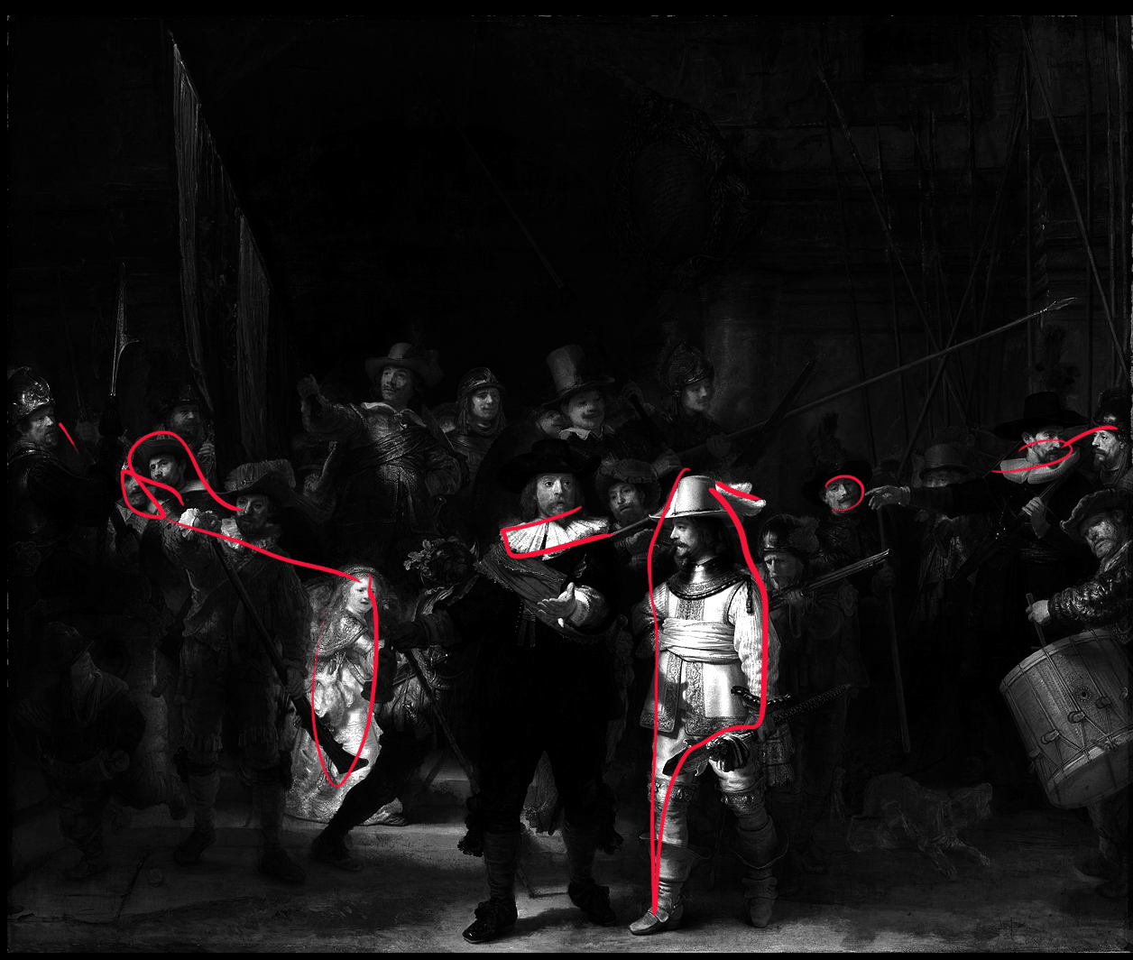 A black and white photo of The Night Watch
