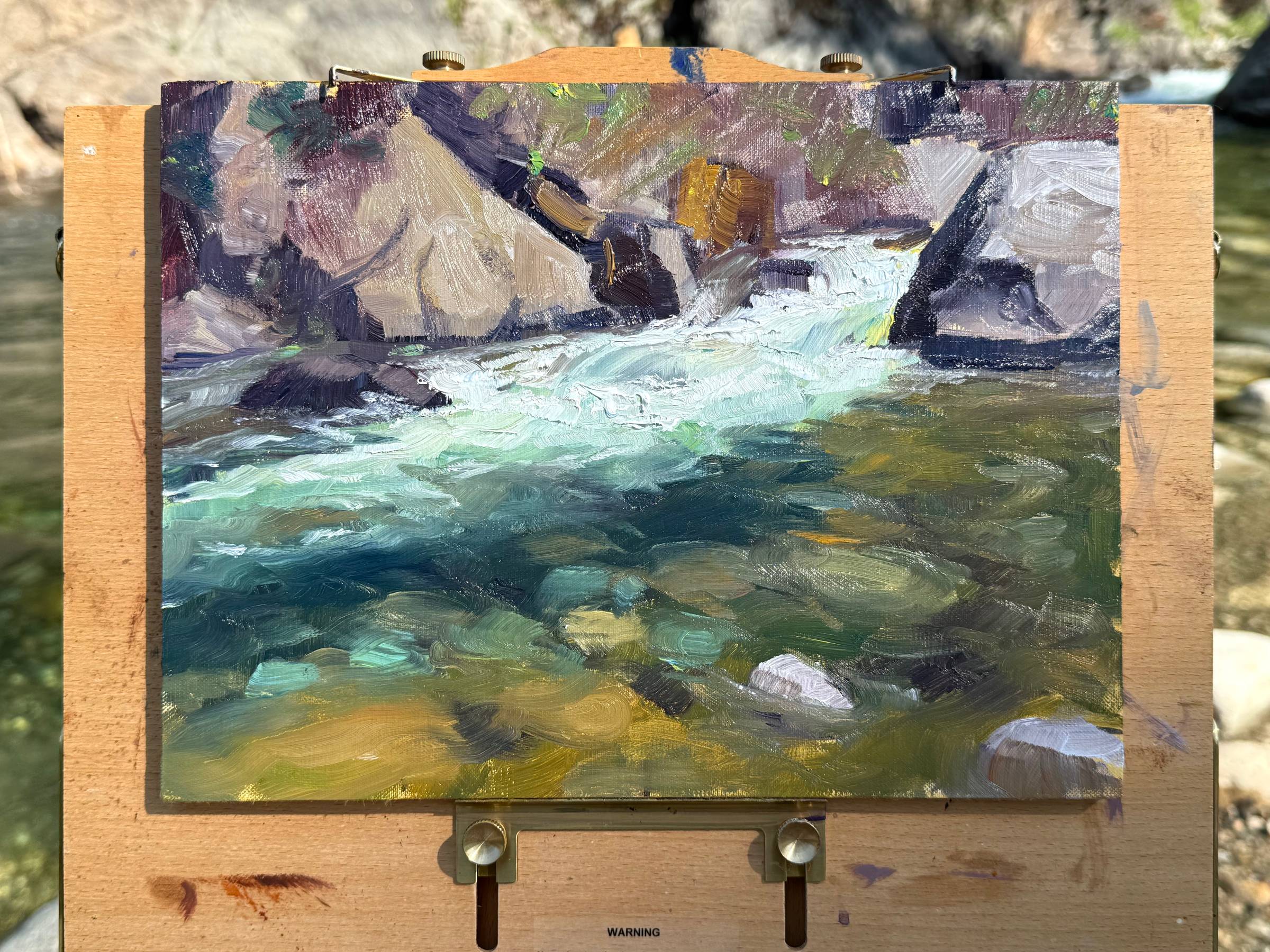 An oil sketch of a waterfall in the Yuba River