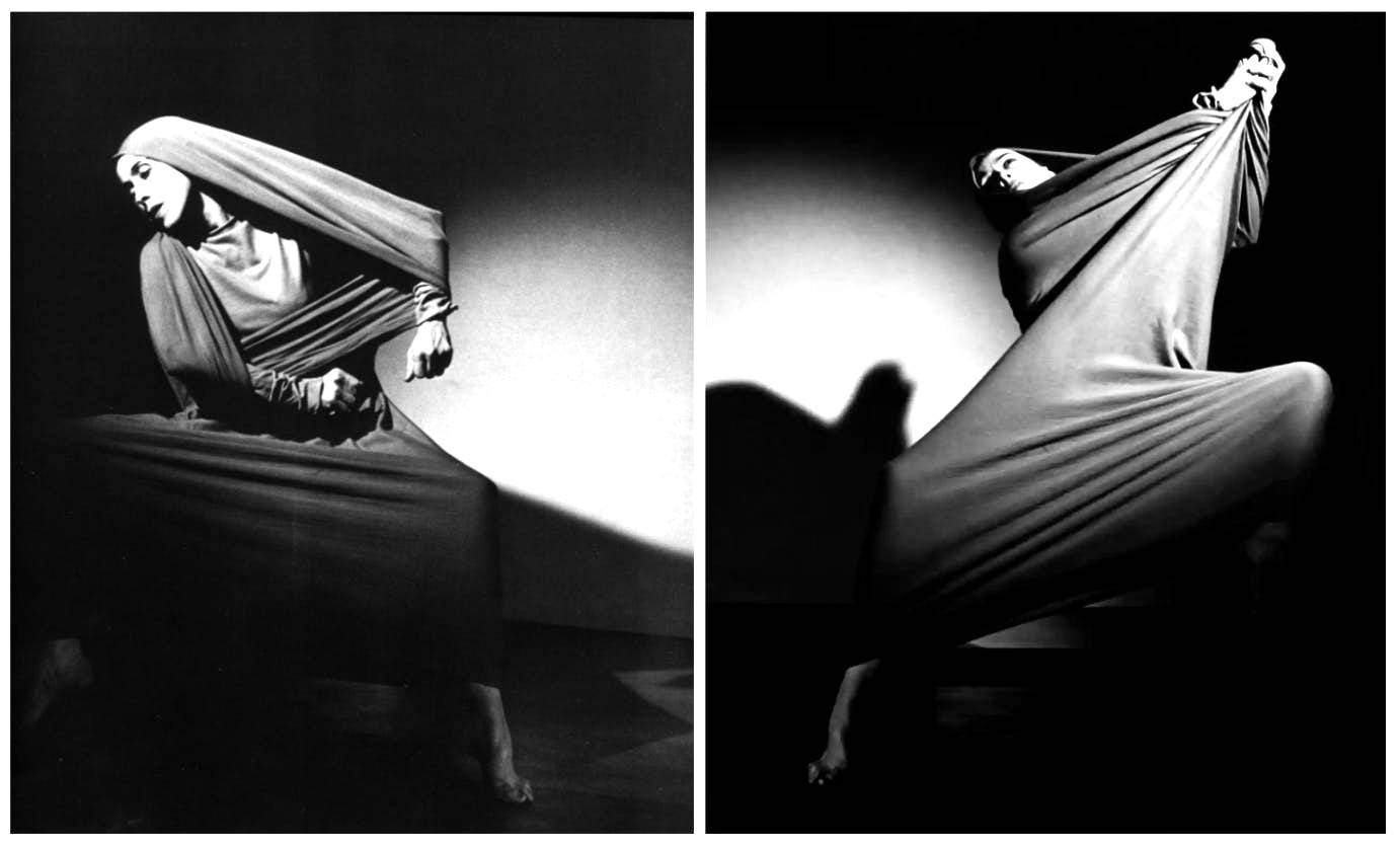  Woman dancing wrapped in a tube of stretch fabric