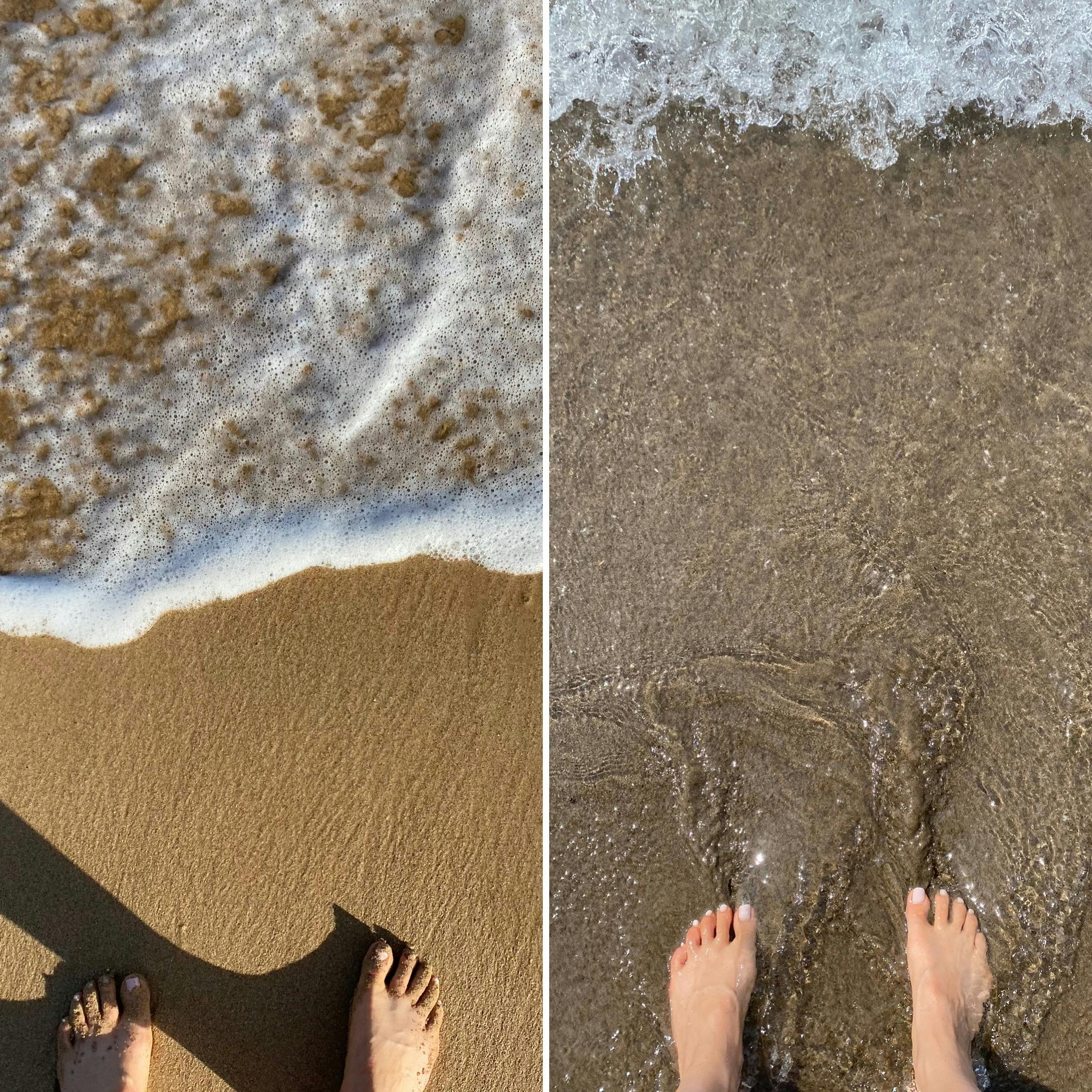 left and right, photos of my feet in the waves. 