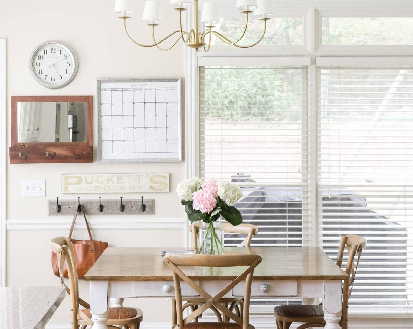 simple hydrangea arrangement on a wooden kitchen table