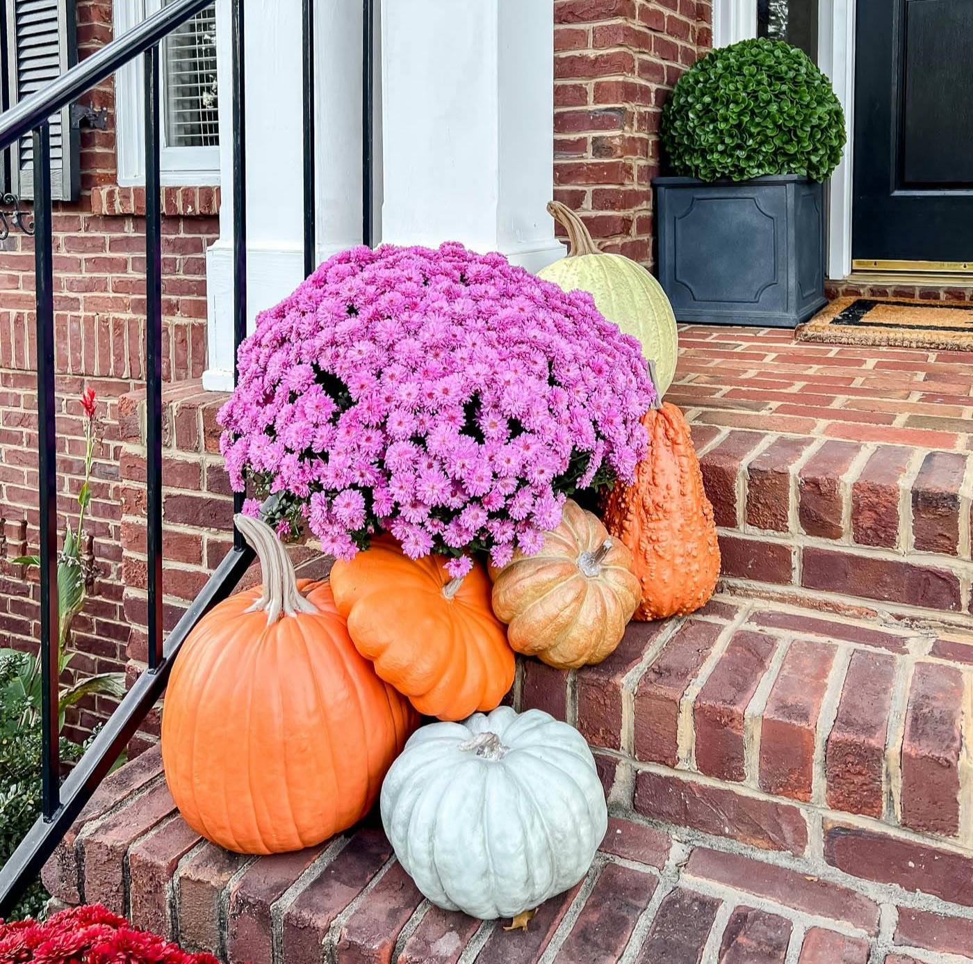 realistic fake pumpkins with a purple mum on brick porch steps