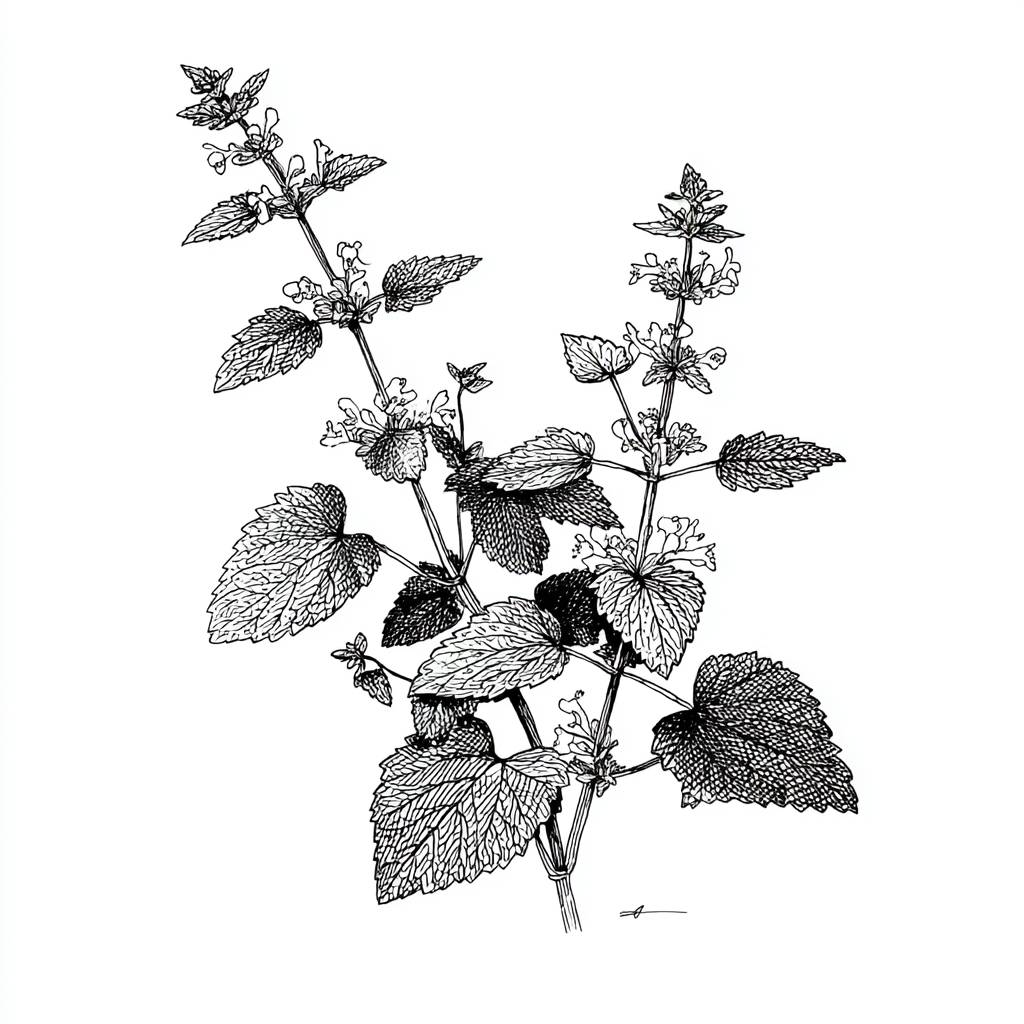 Botanical line drawing of fresh lemon balm plant with serrated heart-shaped leaves and small white flower clusters