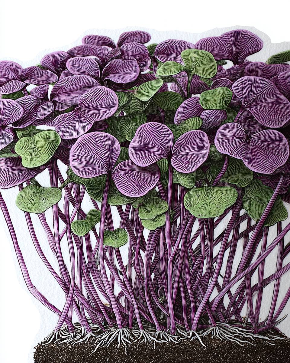 Scientific botanical line drawing, kohlrabi microgreens, cotyledon stage, thick purple stems, cross-hatching stippling, macro detail, individual specimens, minimal lines, etching style, white background, botanical illustration.