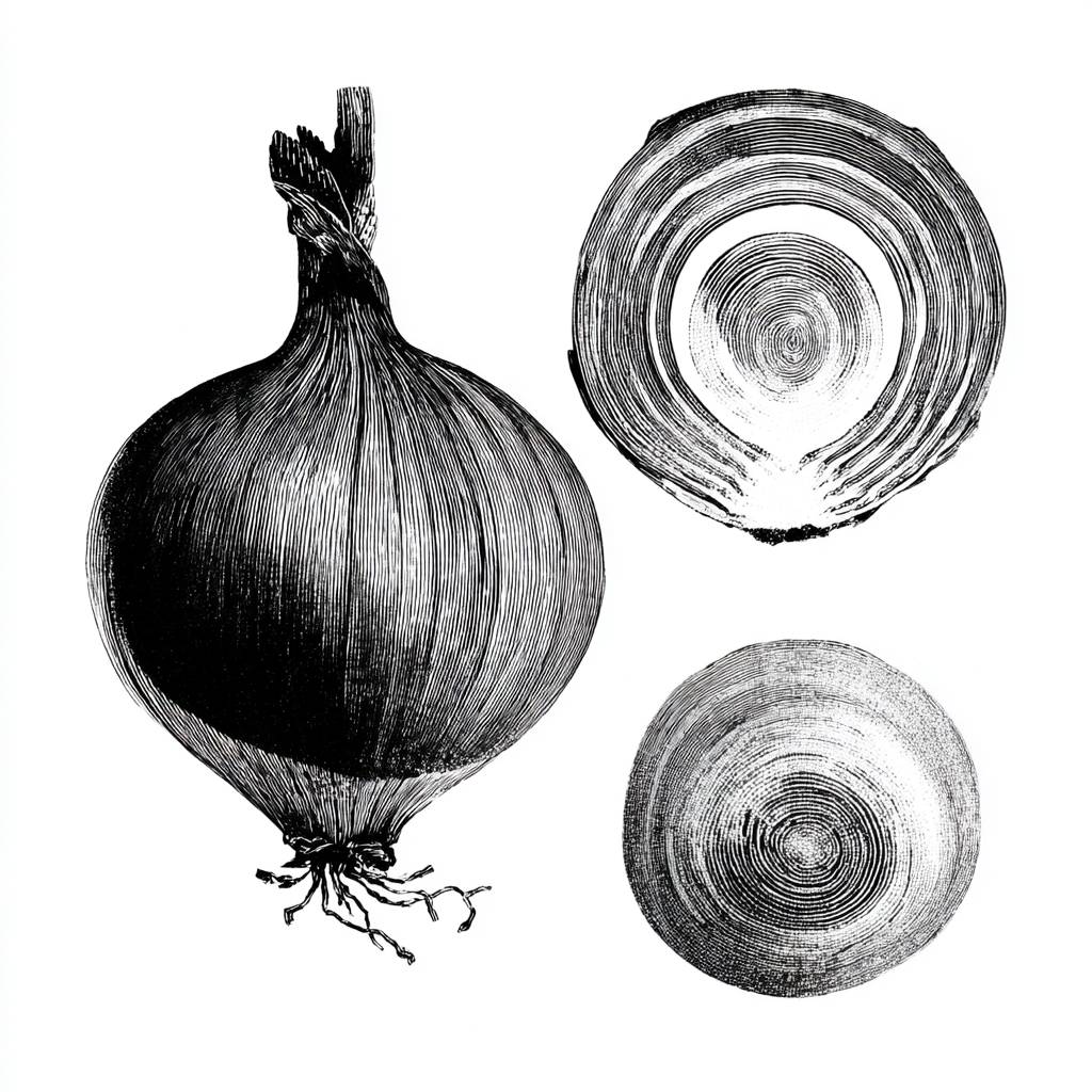 Botanical line drawing, single onion study, whole bulb and cross-section, concentric rings visible
