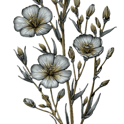 Line plate image of flax plant with delicate flowers, minimal botanical lines, simple stems and narrow leaves, sketch-like etching style, high contrast negative space, elegant woodcut appearance