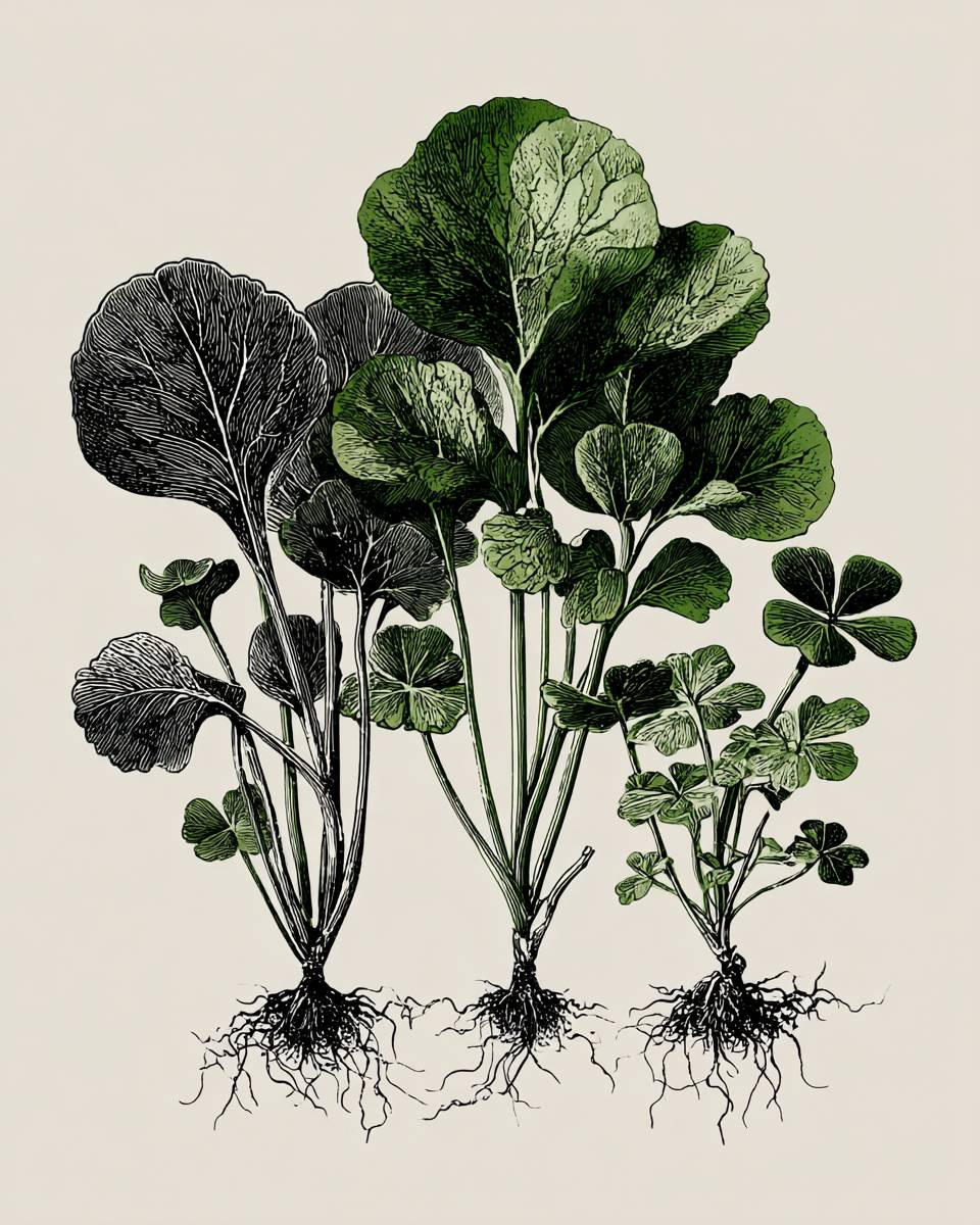 Line illustration of broccoli, clover, and radish microgreens arranged on white ceramic background