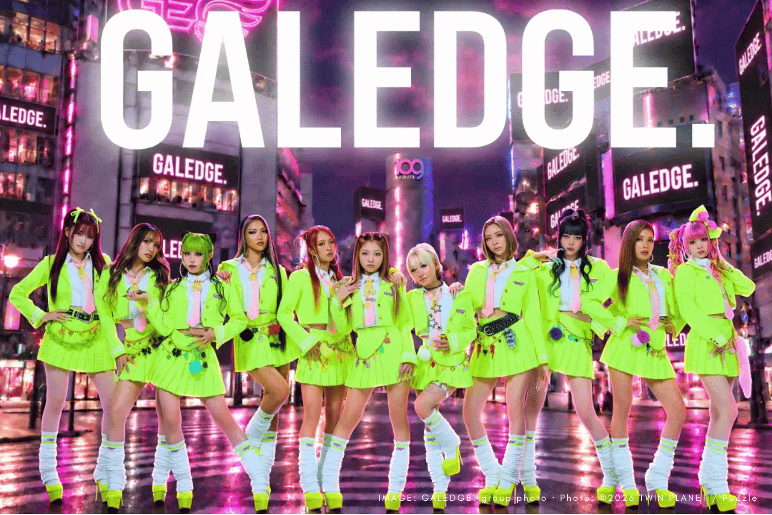 GALEDGE.’s eleven members in Shibuya. Photo: ©2026 TWIN PLANET / PuZzle