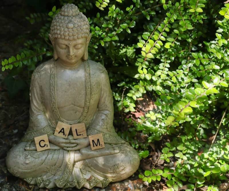 The word 'calm' spelled out with letter tiles, arranged on the arms of a Buddha statue, in a quiet corner of the garden.