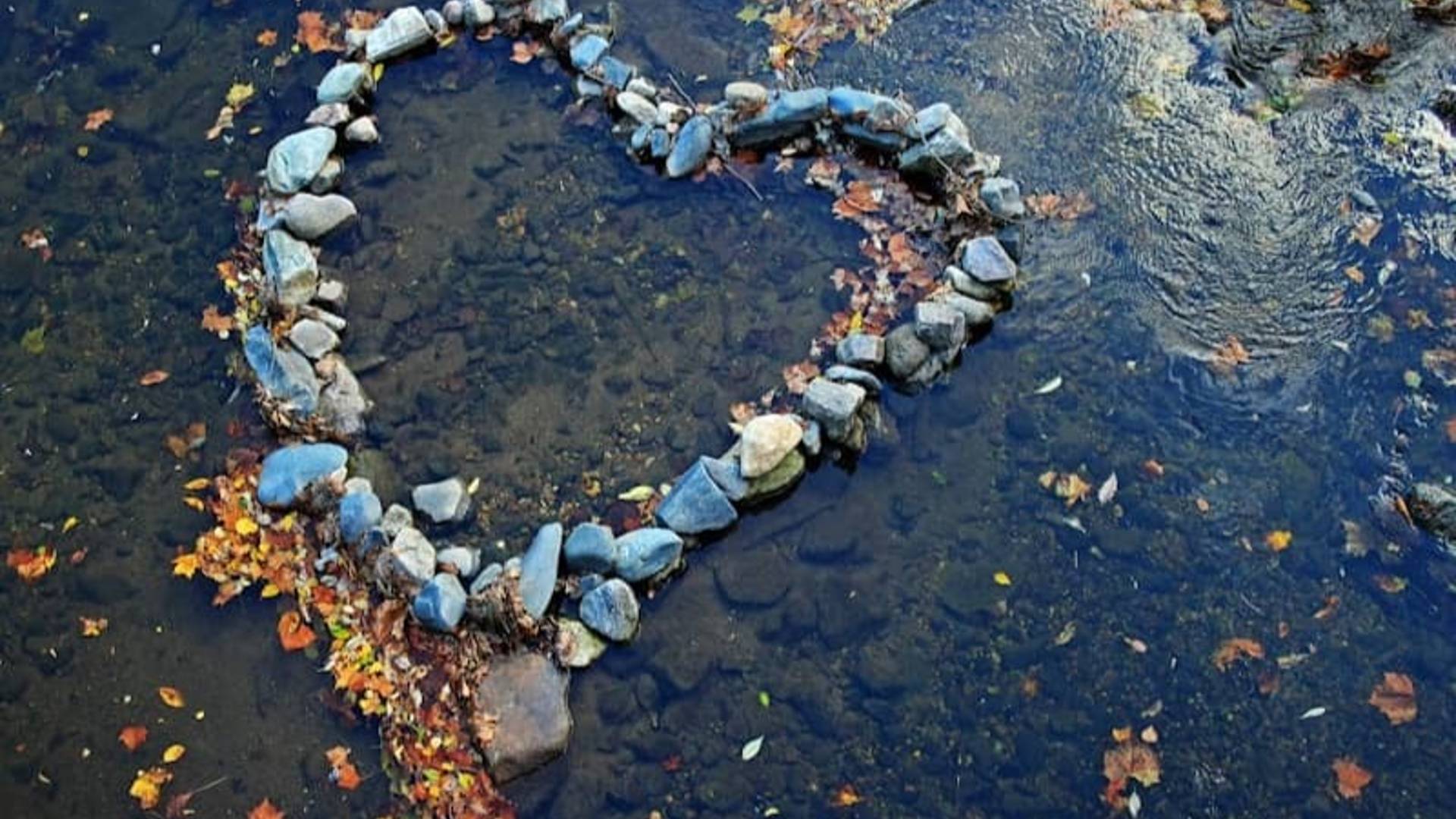 A heart made out of rocks in the water