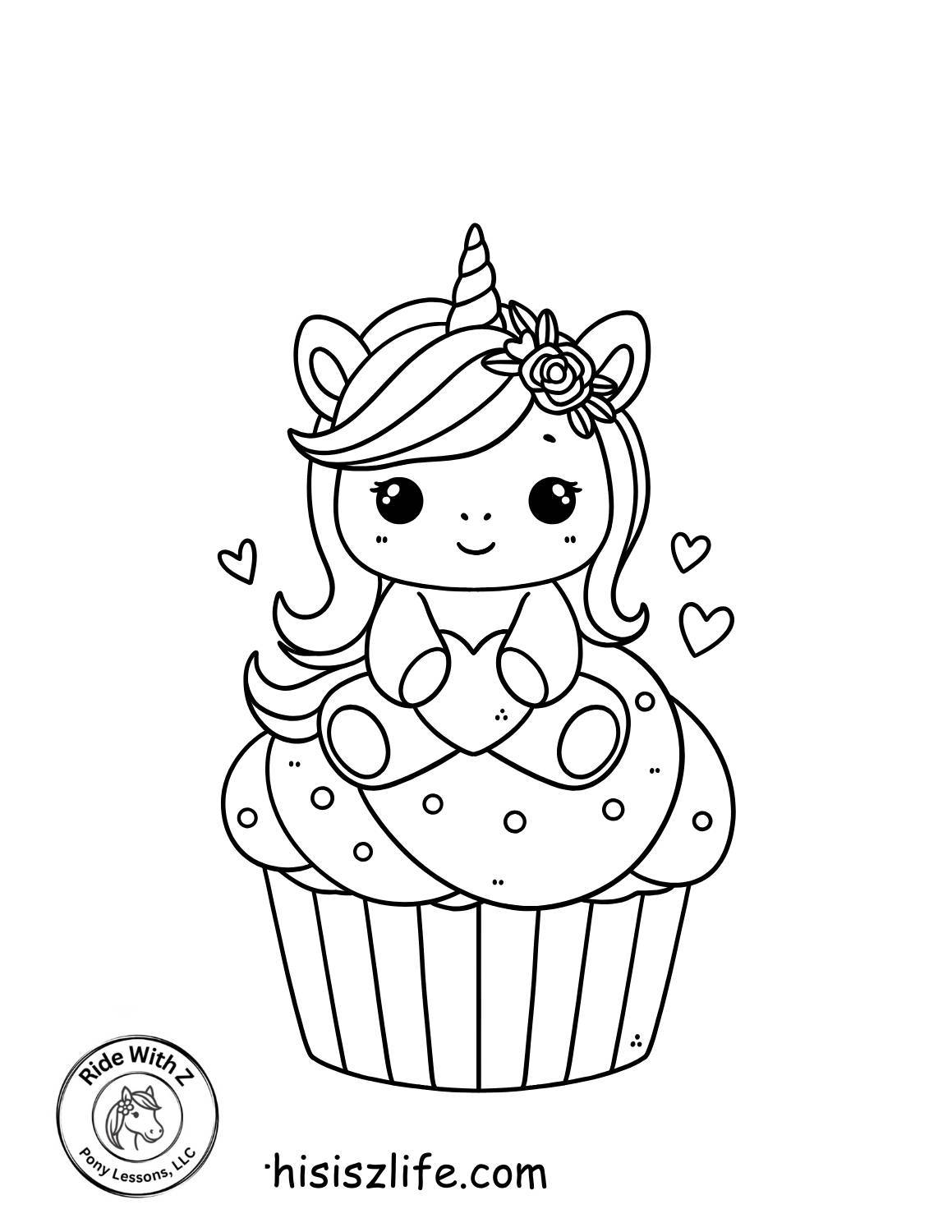 Pony Coloring Sheet. Unicorn Pony on a cupcake holding a heart.