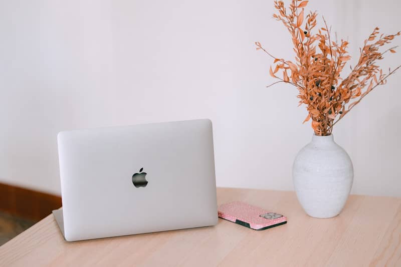 Laptop, phone, and dried flowers on a wooden desk.