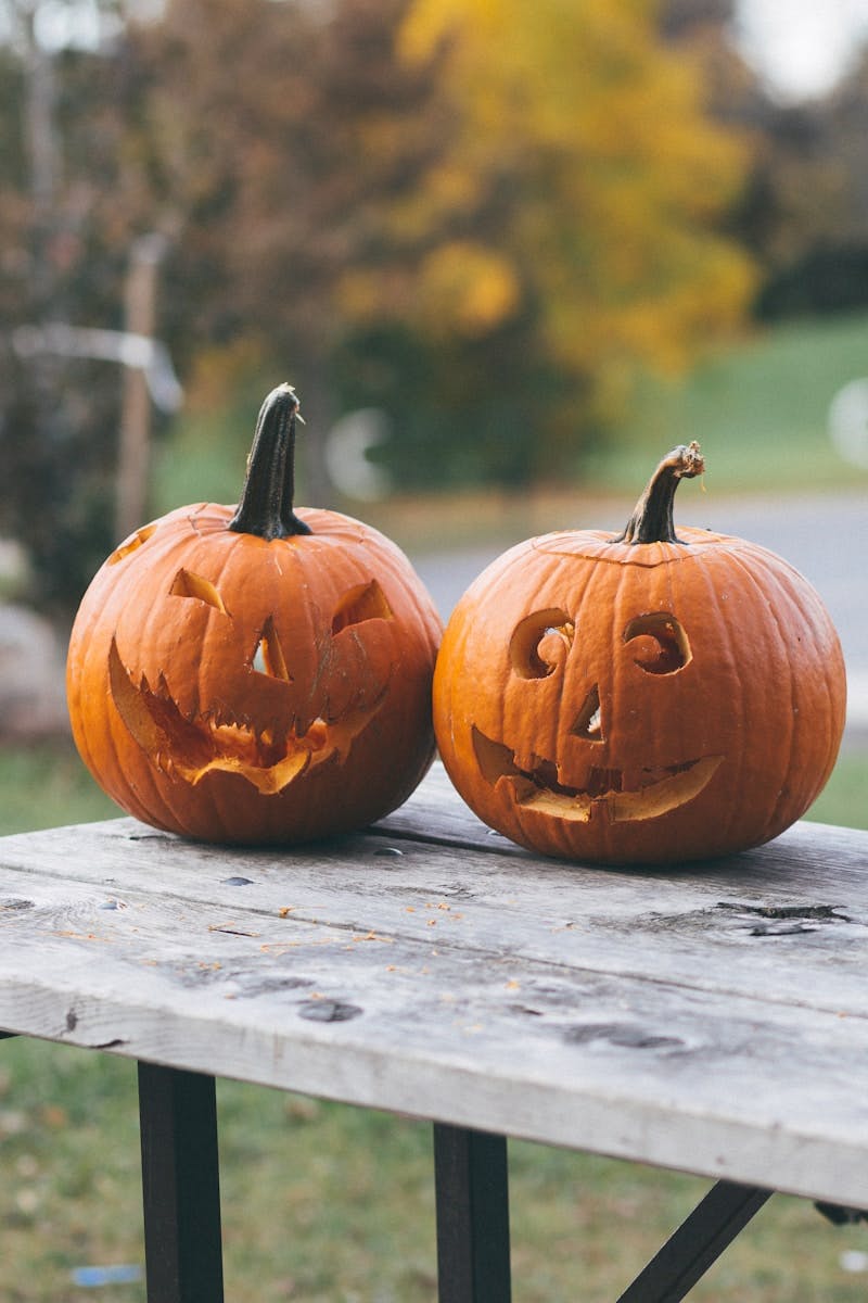 two pumpkins on brown wooden table