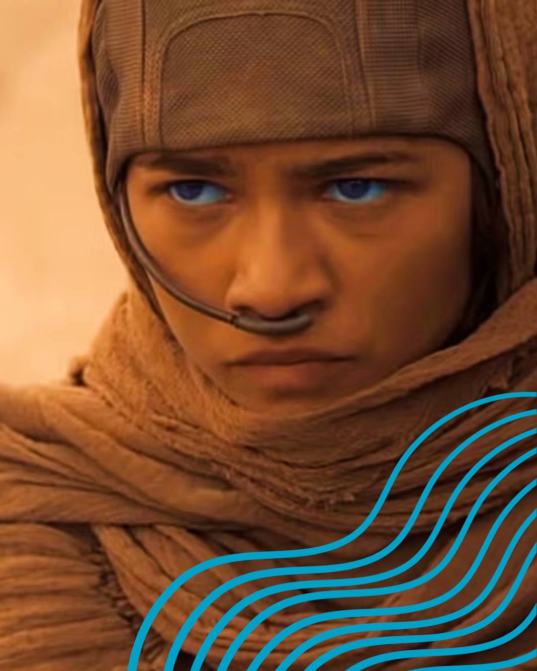 A still of Chani in Dune in the orange hued desert, with an abstract blue illustration in the corner.