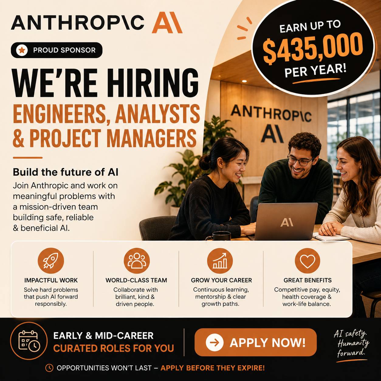 Anthropic is sponsoring and hiring for Engineers, Analysts & Project managers paying up to $435,000 per year