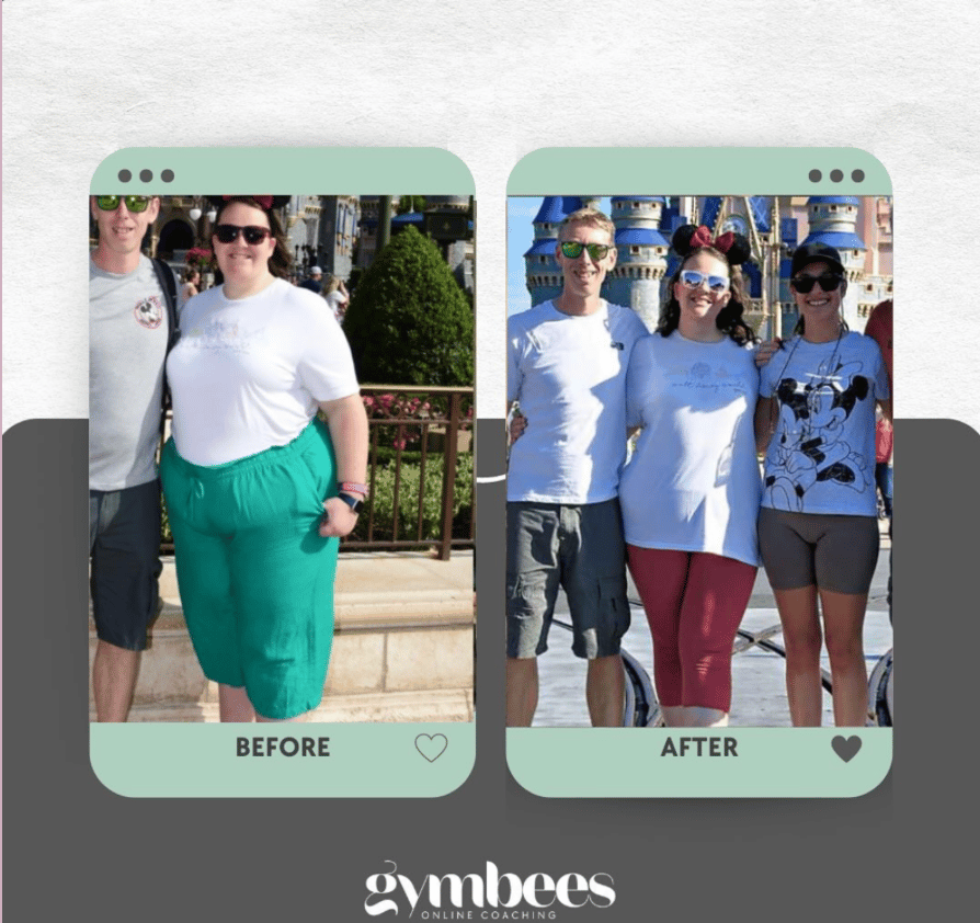 A collage of two photos labeled "Before" and "After" featuring the same woman with two other people. In the "Before" image, she is wearing a white T-shirt and green pants, standing beside a man at an outdoor location with plants in the background. In the "After" image, she is wearing a white top and red leggings, standing between a man in a white shirt and a woman in a Mickey Mouse shirt, with a castle in the background. The "After" photo shows her after a visible physical transformation. The bottom has the text "gymbees online coaching."