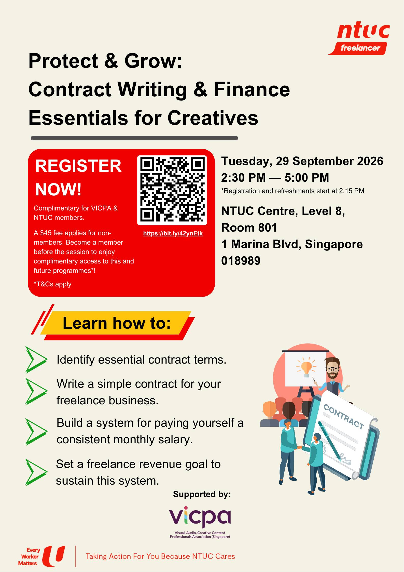 Poster for "Protect & Grow: Contract Writing & Finance Essentials for Creatives" by NTUC Freelancer and VICPA. Tuesday, 29 Sep 2026, 2.30–5pm, NTUC Centre, Level 8, Room 801, 1 Marina Blvd. Free for VICPA/NTUC members, $45 for non-members. Learn how to: identify contract terms, write a simple freelance contract, build a system for paying yourself and set a revenue goal.