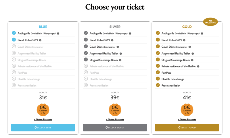 Casa Batlló general visit options. There are three tiers: Blue, Silver and Gold. Blue offers the least access and Gold offers the most.