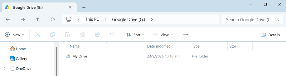 Windows File Explorer window showing Google Drive (G:) with the "My Drive" folder listed, and sidebar shortcuts for Home, Gallery and OneDrive.