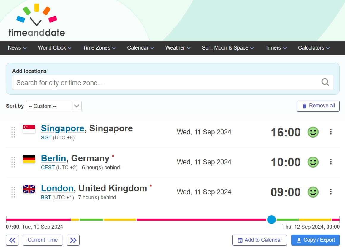 The Time Zone Converter being used to check for a suitable meeting time for 3 people in Singapore, Berlin and London.