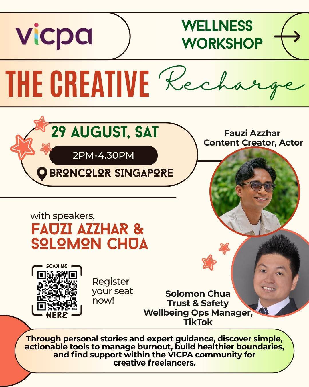 Flyer promoting The Creative Recharge, a wellness workshop for creative freelancers happening on 29 Aug 2026, 2pm to 4.30pm, at Broncolor Singapore.