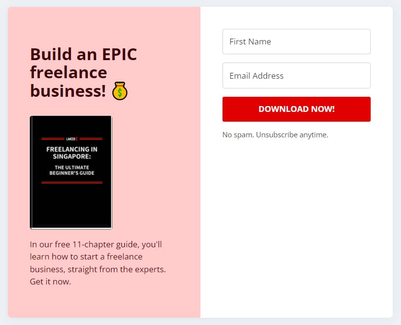 Email sign-up form that says "Build an EPIC freelance business!" with a moneybag emoji
