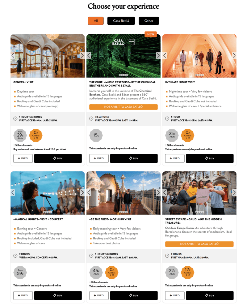 6 different Casa Batllo visit options for a General Visit, Intimate Night Visit, Magical Nights Visit + Concert and so on
