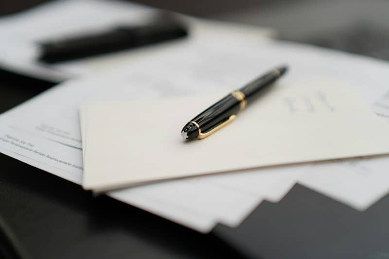A pen sitting on top of a pile of papers