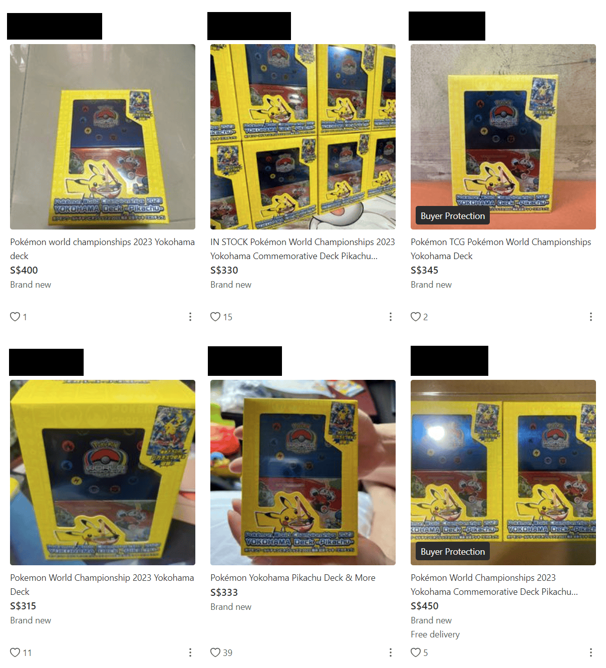 Online product listings for the Yokohama Worlds sealed deck, with prices ranging from S$315 to S$450