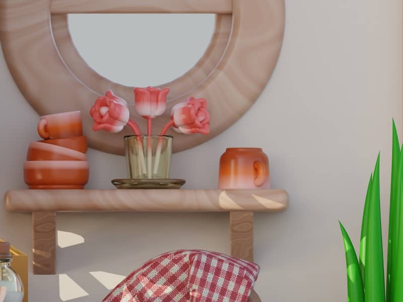Orange cups and tulips on a wooden shelf.