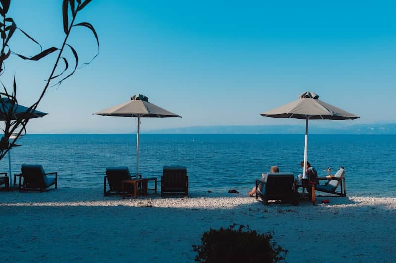 Beach chairs and umbrellas on a sunny day.